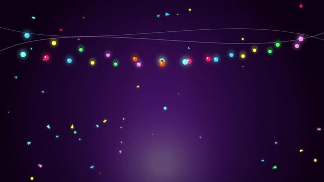 Colorful string lights glow with festive animation and falling confetti particles on a dark purple ba
