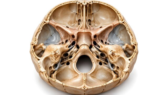 Detailed superior view of human cranial base showing complex bone structures, foramina, and endocranial fossae for anatomical study