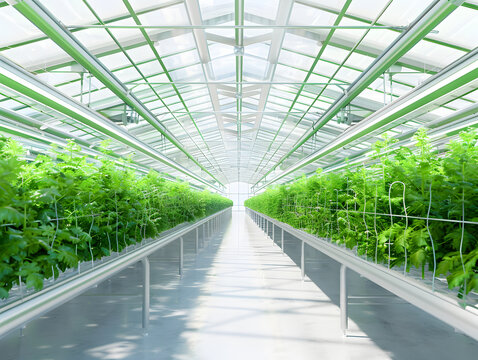 Symmetrical perspective of a high tech hydroponic greenhouse corridor, automated smart farming and agricultural technology, 3d render