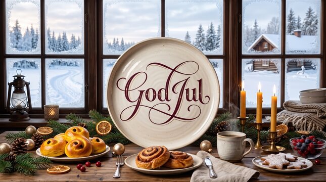 Ultra-realistic Scandinavian Christmas morning breakfast with hand-painted burgundy and gold &ldquo;God Jul&rdquo; lettering on a handmade ceramic plate beside a snowy Nordic window