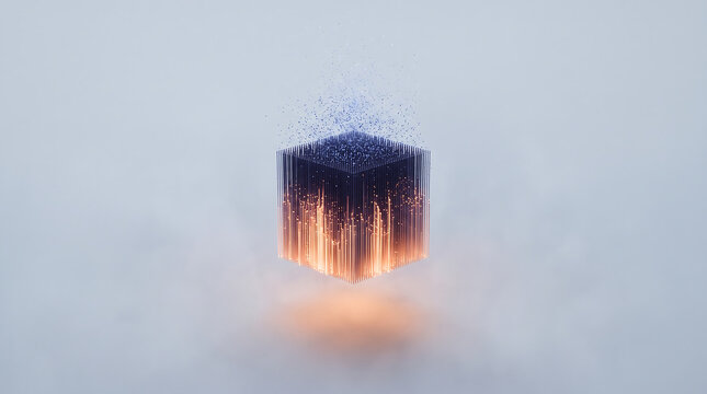 Mysterious floating dark cube emitting vibrant fiery light from its base.