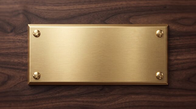 Rectangular blank brass plaque with four screws mounted on a dark wood texture background, copy space for text