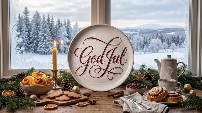 Ultra-realistic Scandinavian Christmas morning breakfast with hand-painted burgundy and gold &ldquo;God Jul&rdquo; lettering on a handmade ceramic plate beside a snowy Nordic window