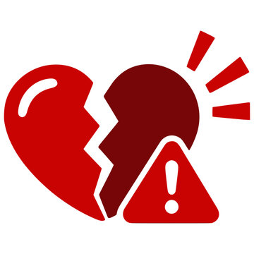 Red broken heart with warning sign and 'SCAM' text, symbolizing fraud.
