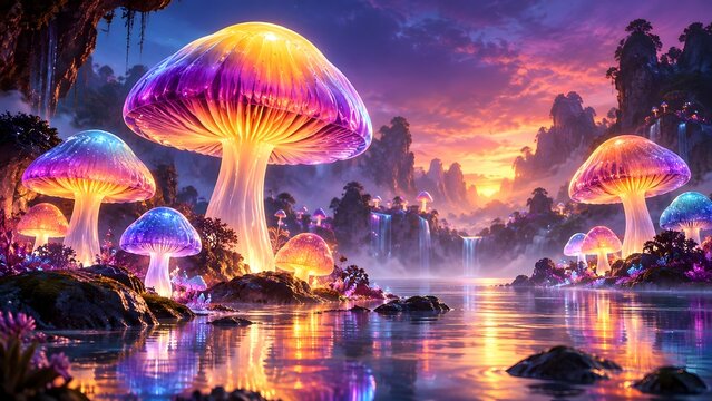 Magical Fantasy Landscape with Giant Glowing Bioluminescent Mushrooms by a Lake at Sunset and Waterfalls