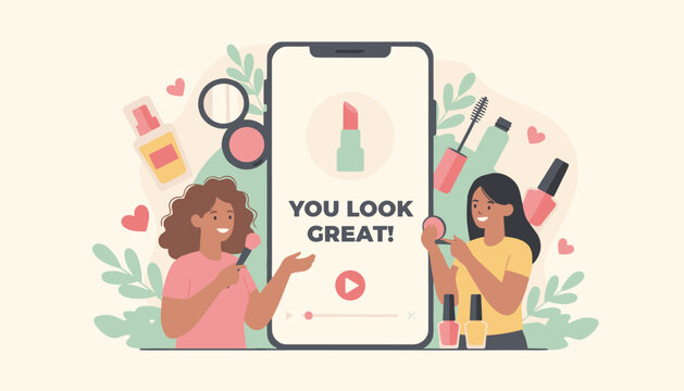 Smiling women filming beauty makeup tutorial video on mobile phone surrounded by cosmetics and cosmetic products.