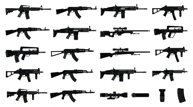 Military rifle silhouette collection featuring tactical firearm variations, defense equipment profiles, monochrome vector icons, technical illustrations.
