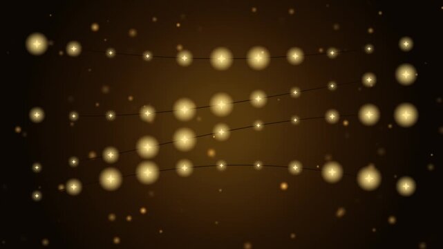 Elegant golden string lights animation with sparkling particles on a dark festive background glowing