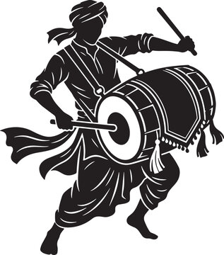 Silhouette of a traditional Indian drummer playing Dhak drum during festival