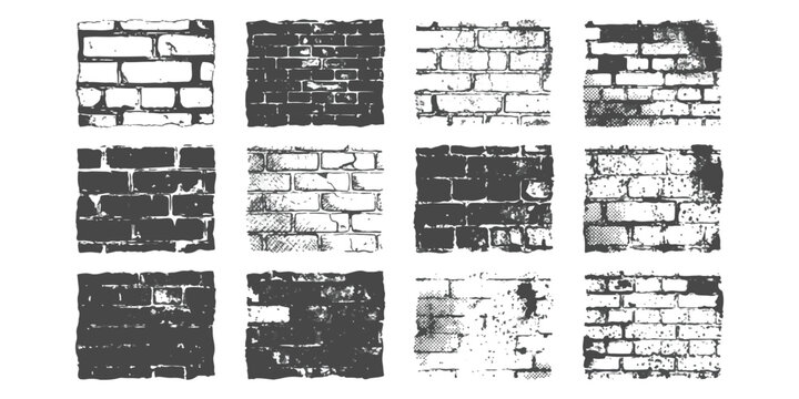 Set of black and white brick wall textures and masonry patterns for design and background