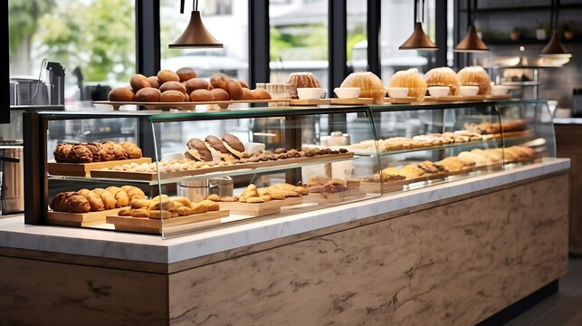 Modern cafe counter displays fresh artisan baked goods. Breads, croissants, pastries neatly arranged. Inviting gourmet breakfast and snack choices