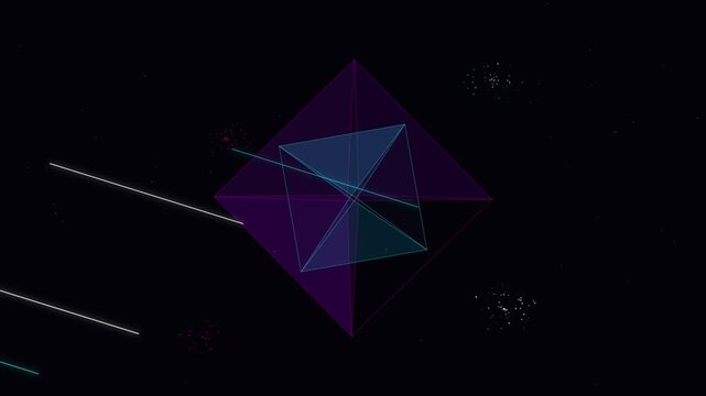 Abstract geometric 3D polyhedron rotation with neon light trails and particle background, for futuristic tech motion