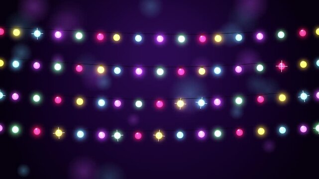 Festive shimmering string lights blink and glow brightly against a dark purple background for celebra