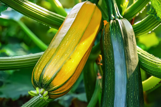 Eine reife Zucchini an einer Pflanze