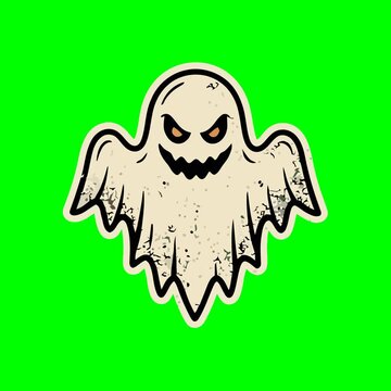 Spooky evil ghost sticker illustration isolated on green screen background for scary halloween horror party decoration and graphic design element