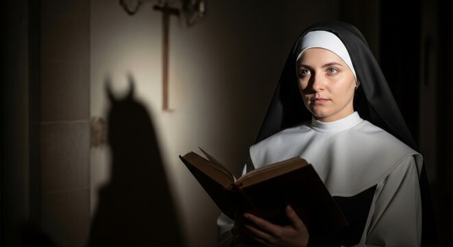 Nun holding an open book in a dark corridor as a horned shadow looms on the wall beside a cross, eerie horror scene