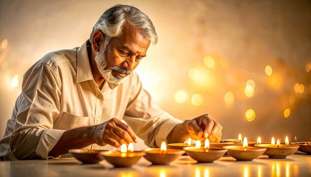 Elderly Indian Man Soft Arranging Diyas Soft Light
