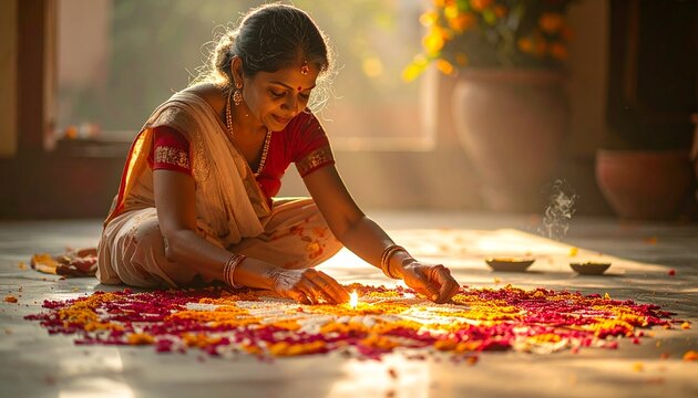 Middle-Aged Indian Woman Soft Rangoli Creation