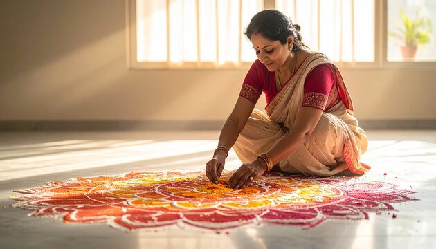 Middle-Aged Indian Woman Soft Rangoli Creation
