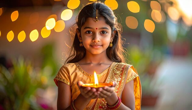 Young Indian Girl Soft Holding Lit Diya