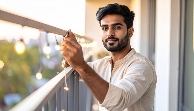 Young Indian Man Soft Lighting String Lights