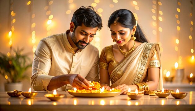 Middle-Aged Indian Couple Soft Diya Arrangement