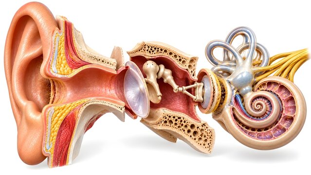 Detailed 3D anatomical illustration of the human ear, showcasing the outer ear, ear canal, tympanic membrane, middle ear ossicles, and cochlea