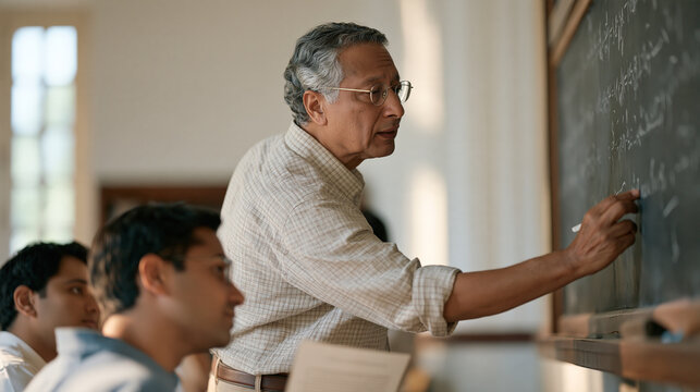 An elderly Indian mathematician filling a chalkboard with equations while two doctoral students seated nearby annotate printouts, the dense texture of advanced mathematical