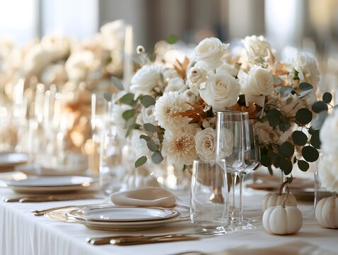 Elegant wedding table setting with white roses, dahlias, and small pumpkins for a sophisticated autumn event
