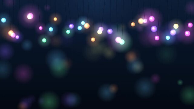 Glowing colorful hanging light bulbs party background animation with beautiful soft bokeh effects