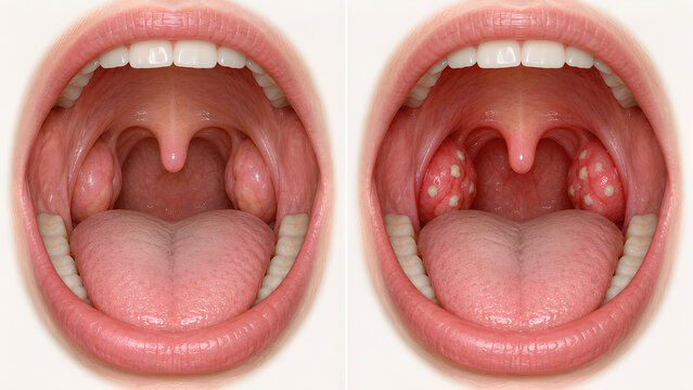 Normal Tonsils Versus Tonsillitis, Photorealistic Side by Side Medical Illustration of Healthy and Inflamed Palatine Tonsils in the Human Throat for ENT Education, Training and Patient Information