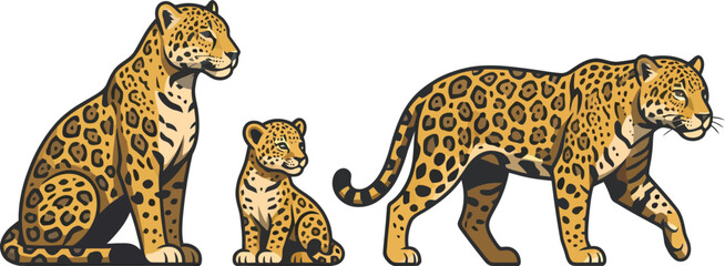 Obraz premium A family of three jaguars including two adults and one cub standing and sitting.