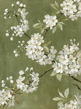 White flowering branches on textured olive green background