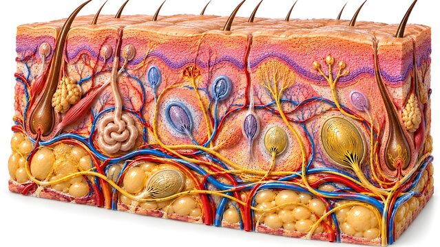 A detailed 3D illustration of human skin anatomy showcasing layers, hair follicles, sweat glands, blood vessels, and nerve receptors