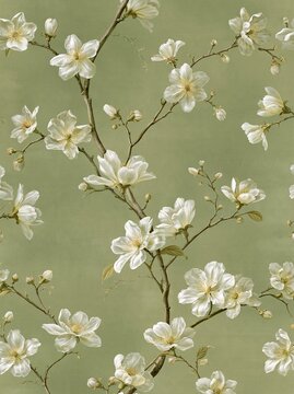 White magnolia blossoms on branching sage green background