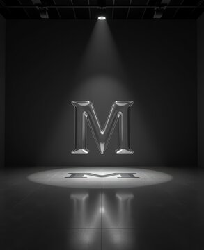 Glass Letter M Floating Light Reflection Modern Minimalist Design Background
