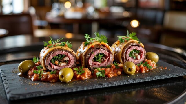 Gibraltarian cuisine. Rolitos. Traditional meat rolls made from thin beef with a filling of bacon, eggs, and herbs, served on a bed of tomato sauce with olives.