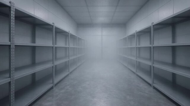Empty cold storage aisle with metal shelves and drifting mist