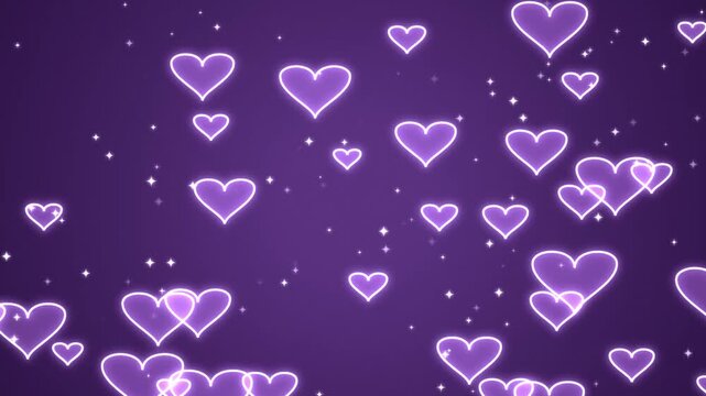 Glowing neon purple hearts drifting on violet background with sparkling stars wedding loop