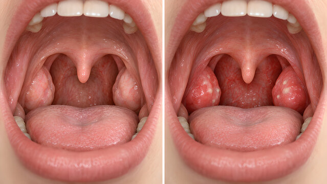 Normal Tonsils Versus Tonsillitis, Photorealistic Side by Side Medical Illustration of Healthy and Inflamed Palatine Tonsils in the Human Throat for ENT Education, Training and Patient Information