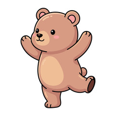 Fototapeta premium Cute cartoon brown bear dancing with raised arms and one leg lifted, kawaii vector illustration