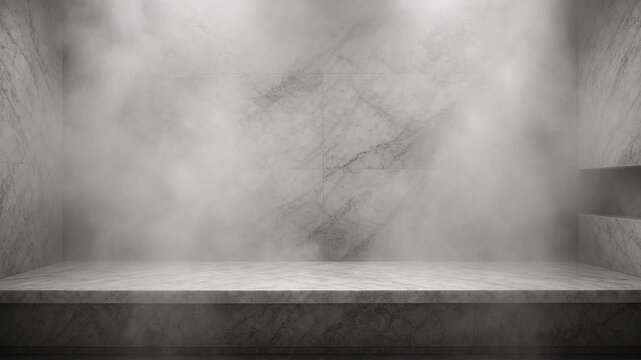 Steam drifting over marble benches in an empty spa room