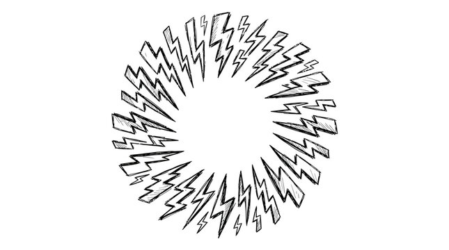 A hand-drawn circular burst of lightning bolts radiating outwards from a central empty space, illustrating energy, shock, or impact in a sketch style.