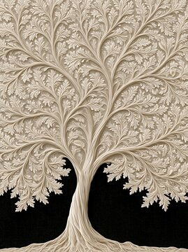 Ornate ivory tree with intricate foliage on black background