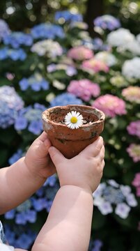 Hands Holding Tiny Pot of White Daisy Hydrangea Garden Background