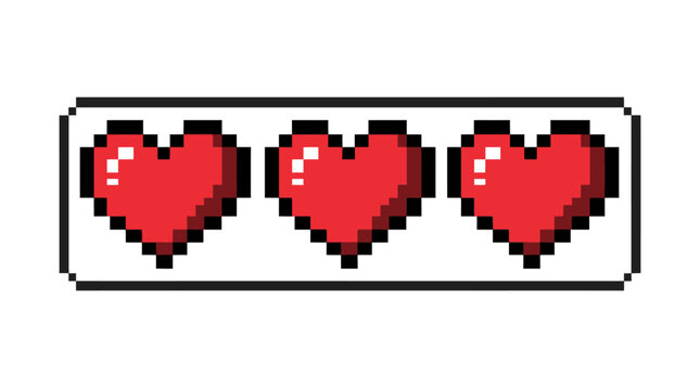 Three pixelated red hearts representing a video game health bar on a white background, evoking retro gaming aesthetics.