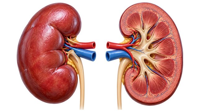 Detailed anatomical illustration of human kidneys showcasing external structure and internal cross-section with renal pelvis and vessels