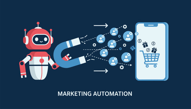 Red artificial intelligence robot uses a large magnet to attract target leads toward an online mobile shopping application.