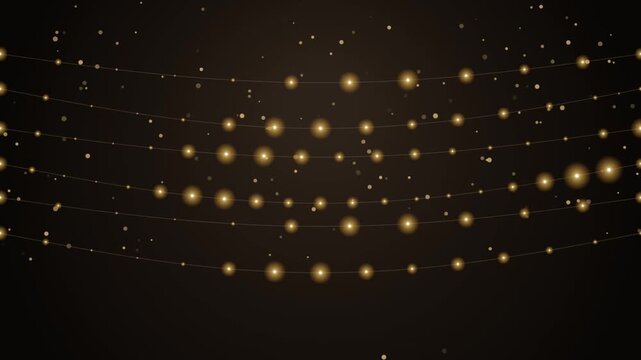 Golden fairy string lights shimmering elegantly against a dark background with scattered golden bokeh