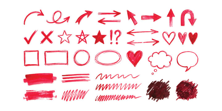 Set of hand drawn red arrows shapes hearts and doodle elements for design